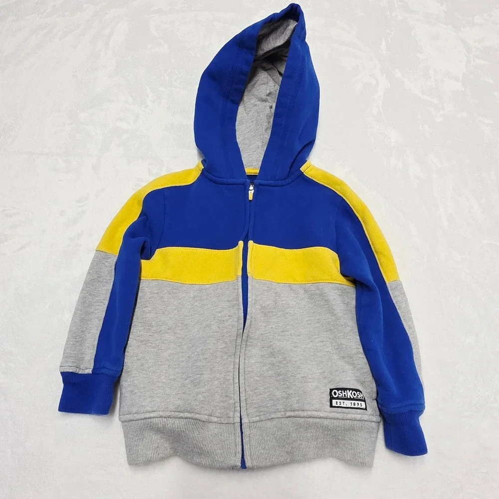 OshKosh B'gosh Kids Toddler 2T Zip Up Hoodie Blue‎ Yellow Gray Color Block